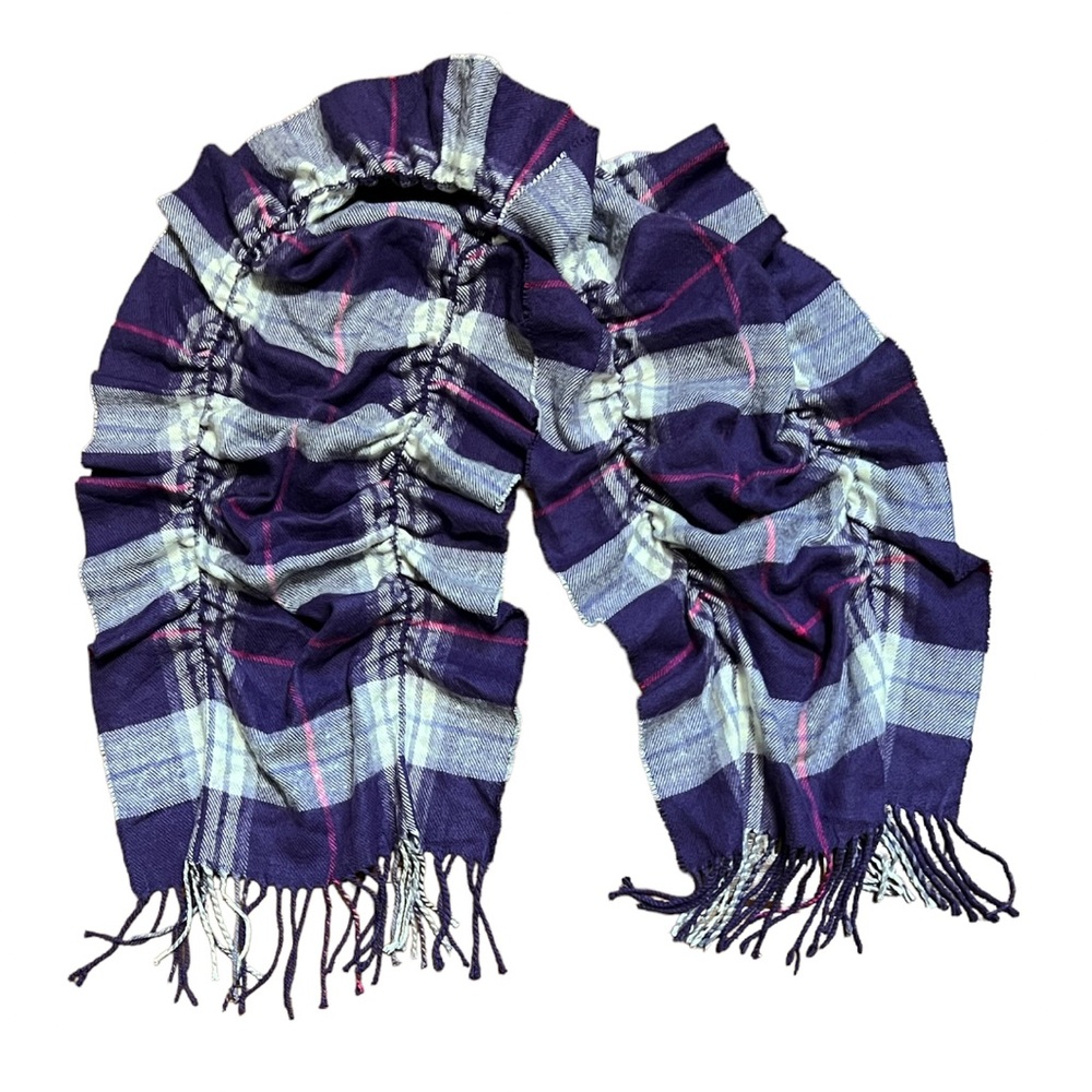 Lei Purple, Cream & Pink Plaid Scrunchy Scarf 13 1/2” x 74”/56” length scrunched